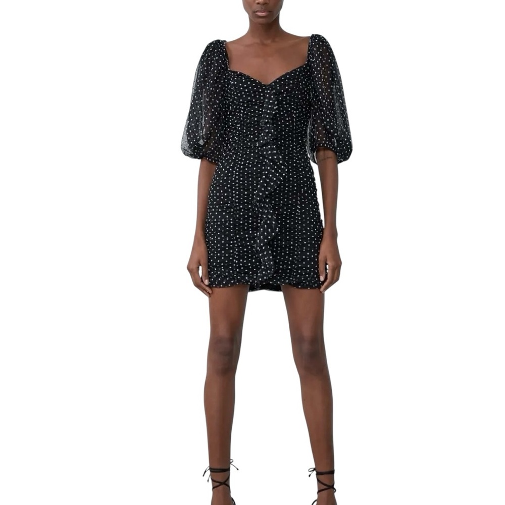 Zara Blogger Fav Ruched Mini Dress Puff Sleeves Large Black/White - Picture 7 of 16